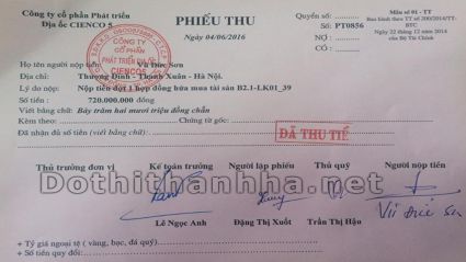 Mẫu thông báo nộp tiền đặt cọc đăng ký mua tài sản và phiếu nộp tiền mua liền kề biệt thự Thanh Hà Mường Thanh