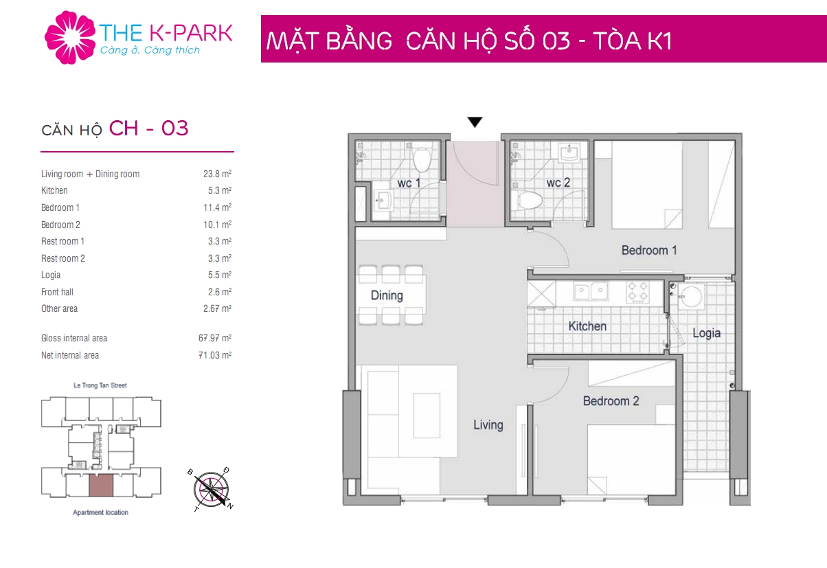 Mặt bằng thiết kế căn hộ CH-03 The K Park văn Phú